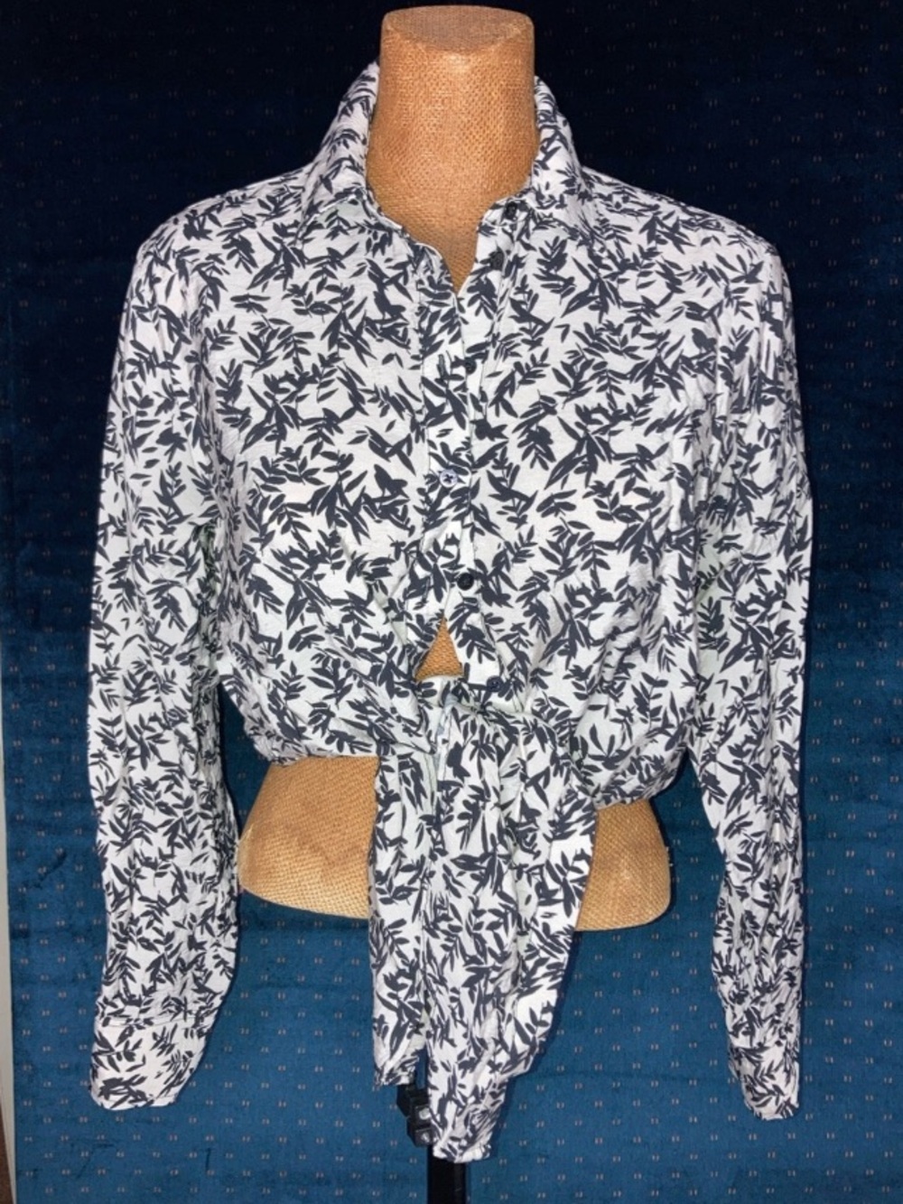 Joie button down botanical print blouse with a cropped tie front hemline.